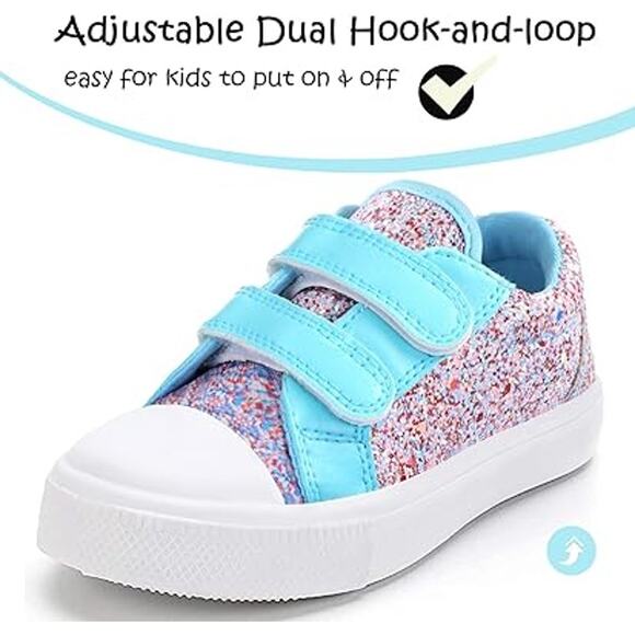 K KomForme Little Girls Size 12 Blue Pink Glitter Hook Loop Strap Sneaker Shoes - Picture 2 of 7